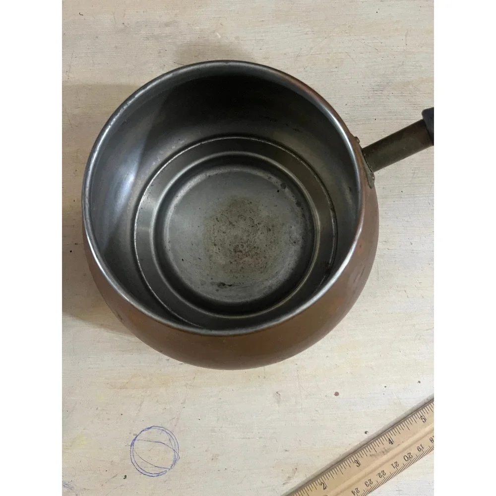 Vintage Copper Fondue Pot with Lid and Wooden Handle Rustic Kitchen Decor‎